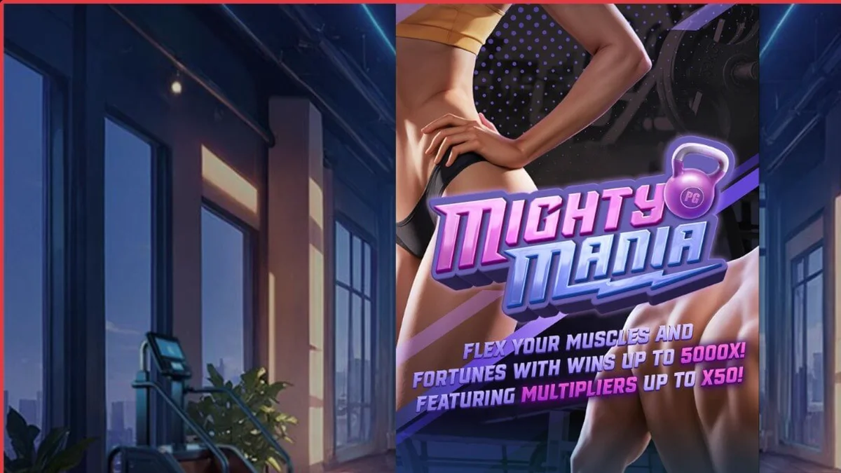 Tampilan antarmuka slot Mighty Mania dengan tema gym dan neon